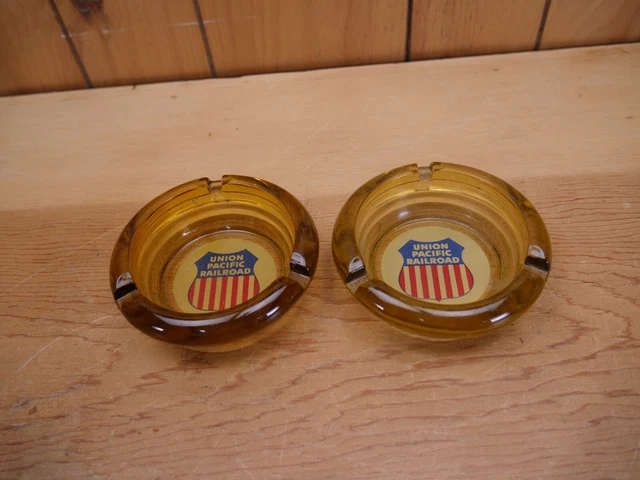 Pair Of Vintage Union Pacific Railroad Shield Logo Ashtrays