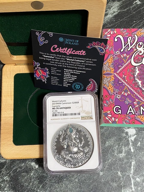 NGC MS70 Cameroon 2019 Ganesha Elephant Antiqued Silver Coin 2oz S2000F BOX/COA