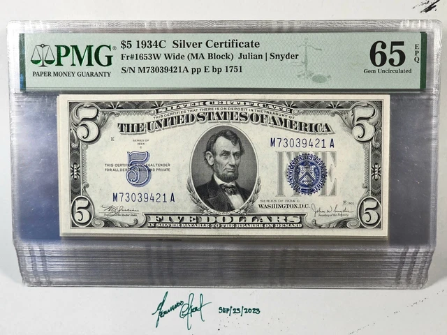 ***29*** 1934D $5 SILVER CERTIFICATES *M-A Block* PMG 63-64-65 EPQ Fr#1653W