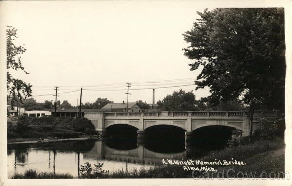 RPPC Alma,MI A. W. Wright Memorial Bridge Gratiot County Michigan EKC Postcard