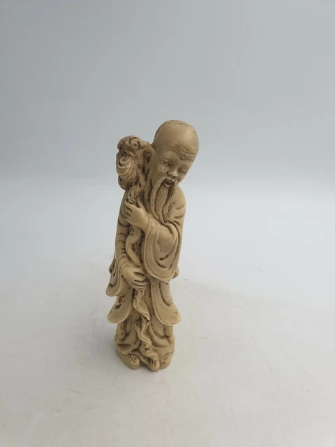 Vtg Chinese Resin Old Wise Sage Man Long Beard W/Stick Figurine Stone Effect