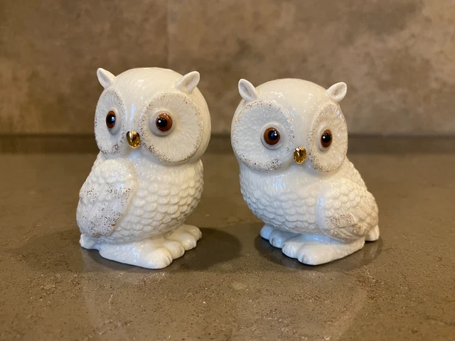 Lenox Ivory & Gold Ceramic Porcelain Owls Salt and Pepper Shakers