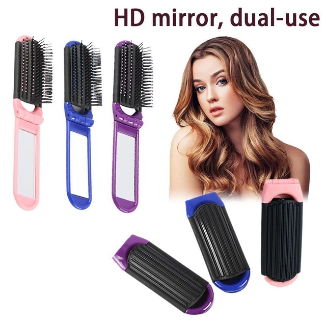 Portable Folding Hair Brush With Mirror Compact Travel U K 7Y3E Comb N1Z1