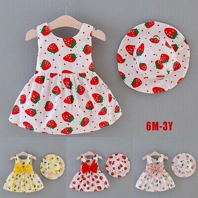 Toddler Baby Kids Girls Strawberry Print Princess Dress+Hat Outfits Clothes