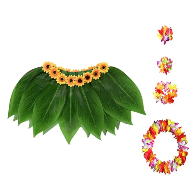 5pz Gonna Hula Spessa Set Costume Hawaiano con Bracciali Leis Foglie Verdi