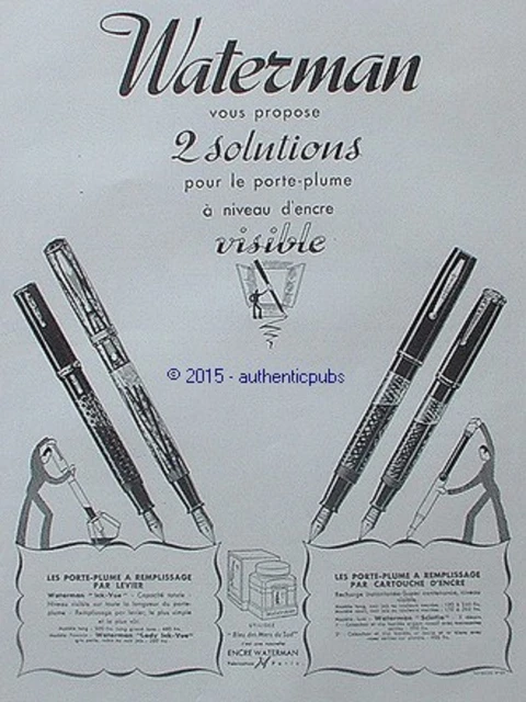 Publicite Waterman Porte Plume A Niveau Encre Cartouche De 1938 French Ad Pub