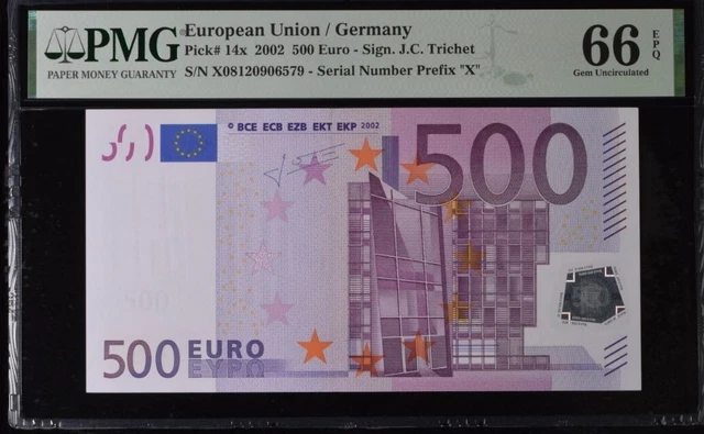 GEM UNC 500 Euro Germany European Union 2002 Trichet P-14x R017 PMG 66EPQ X081