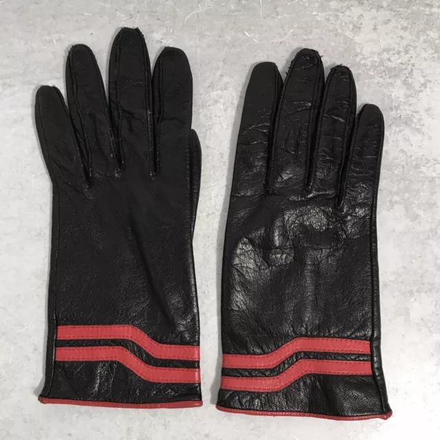 VTG Leather Driving Gloves Black Red Lined Ladies Size 6.5 SM Excellent
