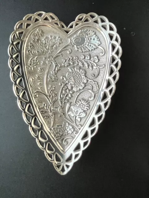 Heart Trinket Tray Dish Silver Tone Embossed Jewelry Holder Brighton Garden