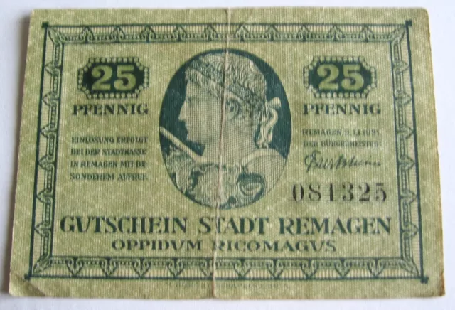 Notgeld - Gutschein - 25 Pfennig - Stadt Remagen 1921