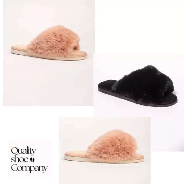 LADIES WOMENS FLUFFY OPEN TOE FAUX FUR MULE SLIPPERS CUSHIONED SLIDERS Free P&P