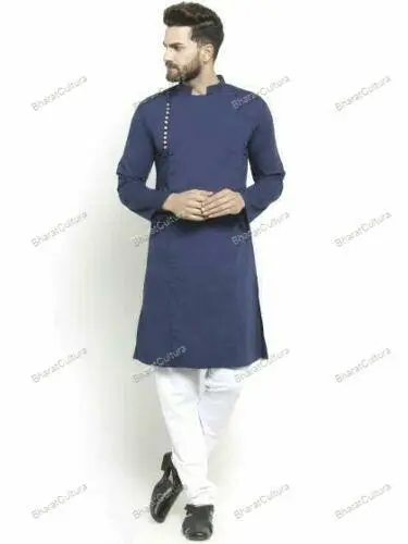 Mens Kurta Blue Top Shirt Solid Kurta Indian Kurta Cultural Mens Wear Cotton Clo