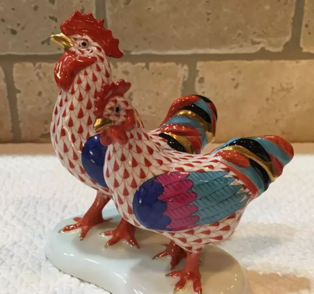 Herend Figurine - Rooster & Hen - Rust / Orange Fishnet