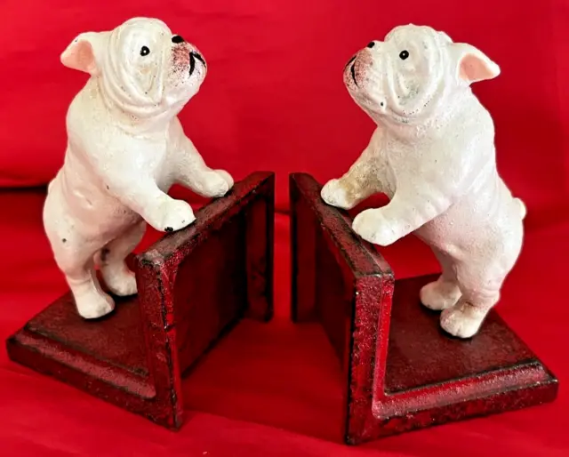 Pair of Heavy White BULLDOG Bookends in Cast Iron