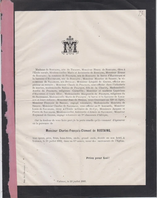 1882 FAIRE-PART DÉCÈS Charles-François-Clément de ROSTAING - Valence ...
