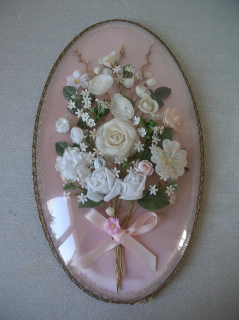 Cadre Ovale Vintage - Fleurs Sur Tissu Rose - Verre Bombé - Rétro