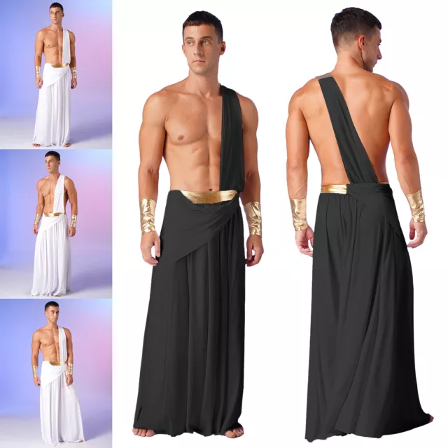 Mens Ancient Greek Cosplay One Shoulder Long Skirts Roman Toga Halloween Costume