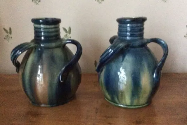 Pair  Arts & Crafts Belgian Three Twist Handled Drip Glaze Vases Art Deco Studio 2