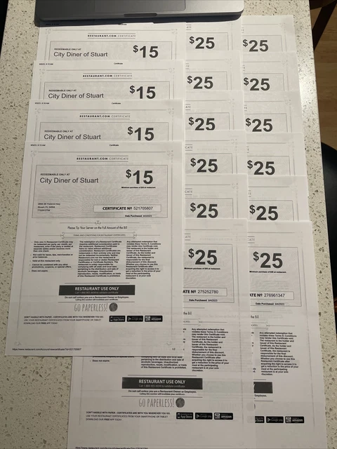 $360 Worth Of Gift Certificates- City Diner Of Stuart