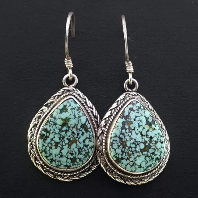 Old 925 Sterling Silver Turquoise Stone Nepal Tibetan Teardrop Earrings Vintage