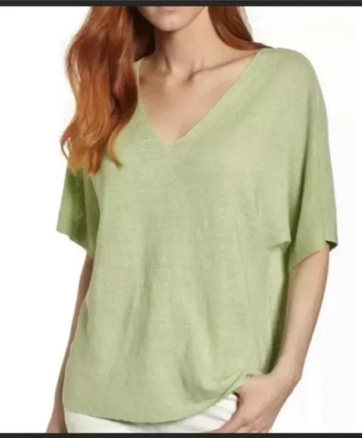 Eileen Fisher Organic Linen Knit  V-Neck Top Size XL In Aloe Green Linen Cotton