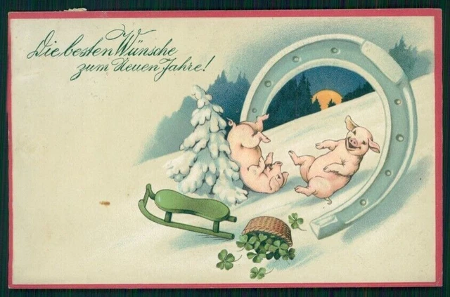 Happy New Year Best Wishes Pig Leaf Clover Luck Relief 3226 postcard TC2866