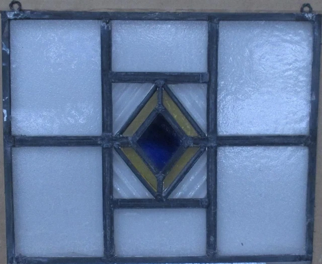 OLD ENGLISH STAINED GLASS WINDOW Unframed w Hooks Simple Diamond 15.25" x 12.75"