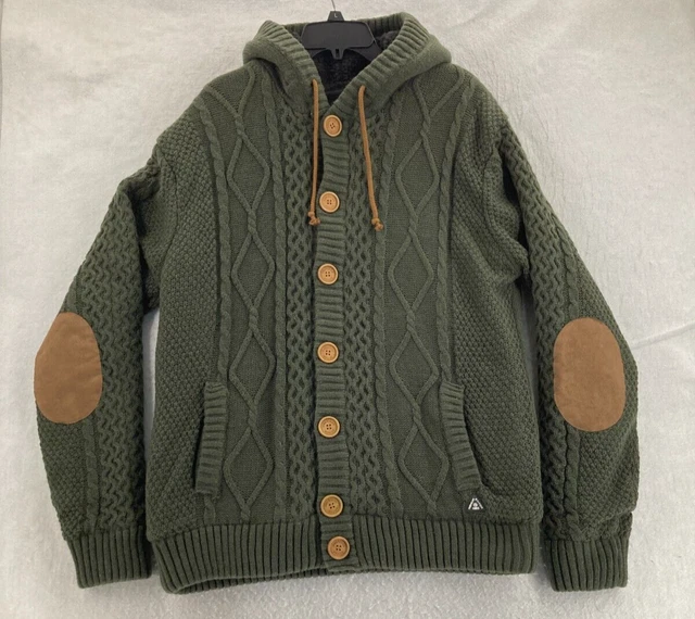 American Stitch Sweater Mens 2XL Green Cable Knit Fleece Lined Hooded Pockets