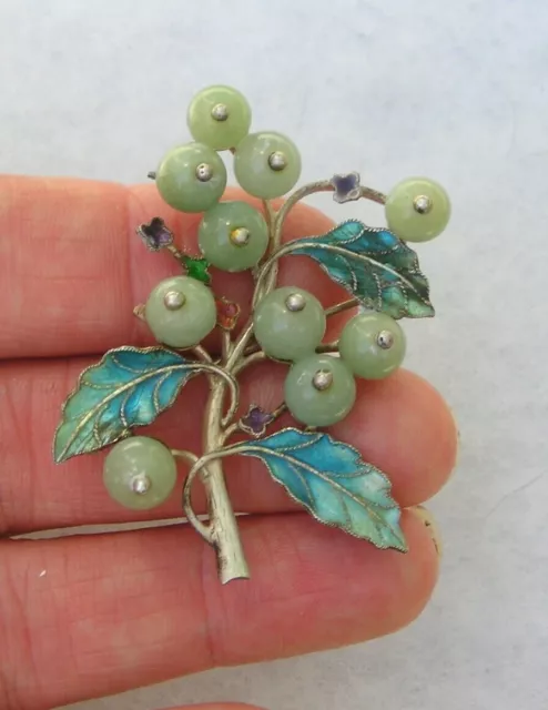 Antique Chinese Silver Jade Jadeite & Enamel Flower Leaf Pin Brooch