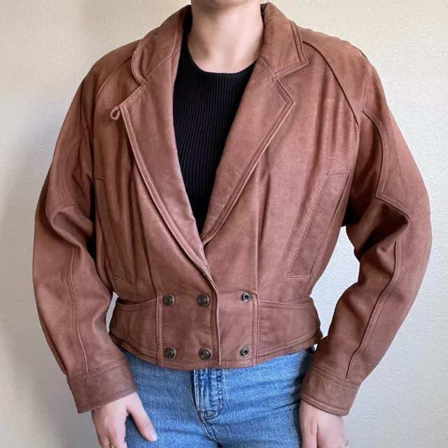 Vintage Womens 80s Brown Wilsons Leather Cropped Biker Bomber Jacket Sz S