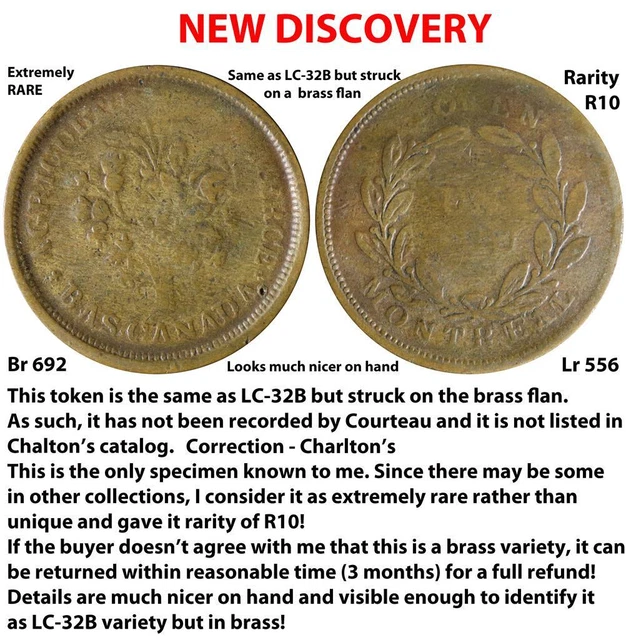 Extremely RARE LC-32B struck in BRASS Colonial Lower Canada Bouquet Sou Token