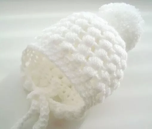 baby girl/boy  unisex white crochet hat  pom pom under chin ties handmade