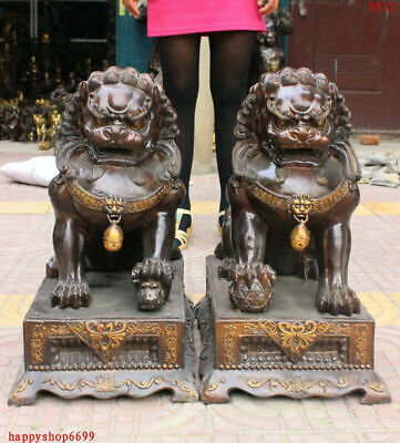 24" Folk Chinese FengShui Bronze Guard Door Fu Foo Dog Lion Ball Cub Statue Pair