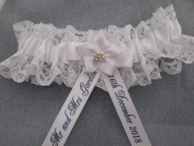 Personalised White Brides Wedding Garter With A Dash Of Blue