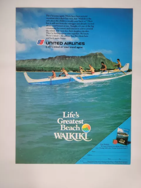 Waikiki Beach Hawaii Travel Tourism United Original 1986 Ad New Yorker 8x11"