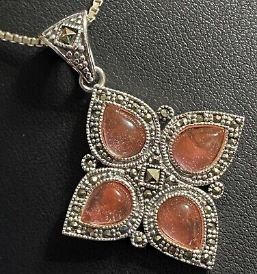Estate Sterling Silver Marcasite & Pink Stone Flower Pendant Necklace 20" Long