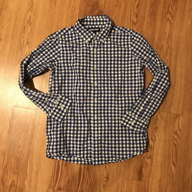 LANDS' END BOYS SHIRT BUTTON FRONT- BUTTON DOWN COLLAR Check Blue SZ L (10-12)