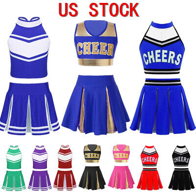 US Girls Cheer Leader Costume Uniform Cheerleading Crop Tops with Pleated Skirt