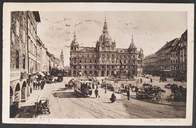 AK Graz Rathaus Straßenbahn Künstlerkarte gelaufen 1912