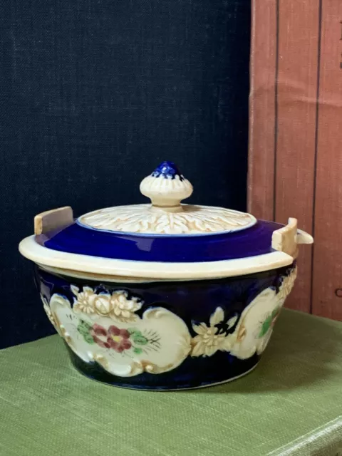 Vintage MARUHON WARE Majolica Vanity Jar Trinket Box Japan Cobalt Hand Painted