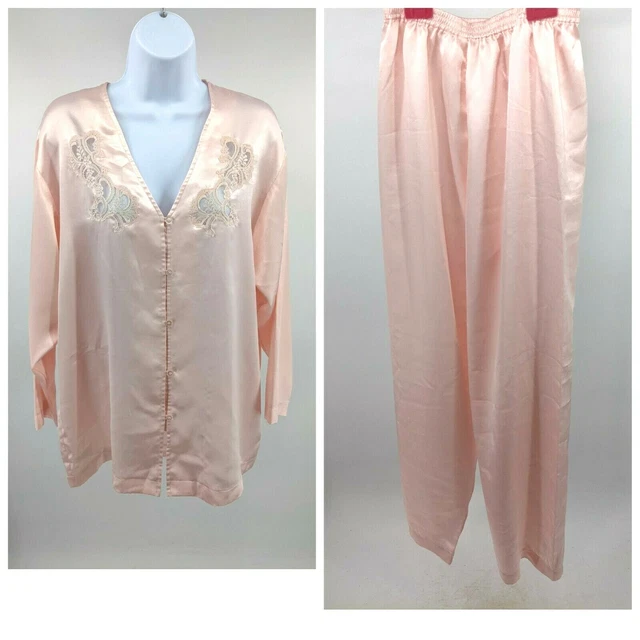 Vintage Christian Dior Womens Pajama PJ 2 Piece Small Petite Pink Satin Lace