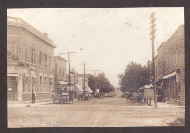 Real Photo Coleman Michigan Downtown Dirt Street Scene Postcard Copy