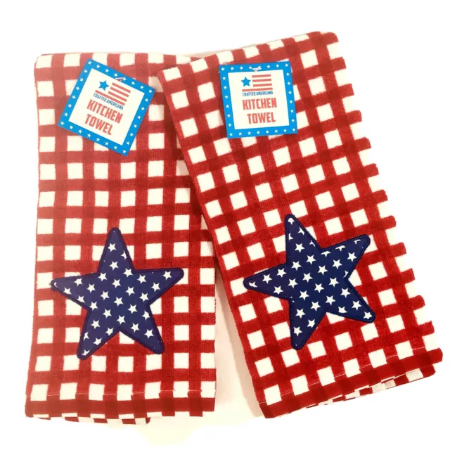 Patriotic Kitchen Dish Towels Red White and Blue Americana Star Design Set of 2