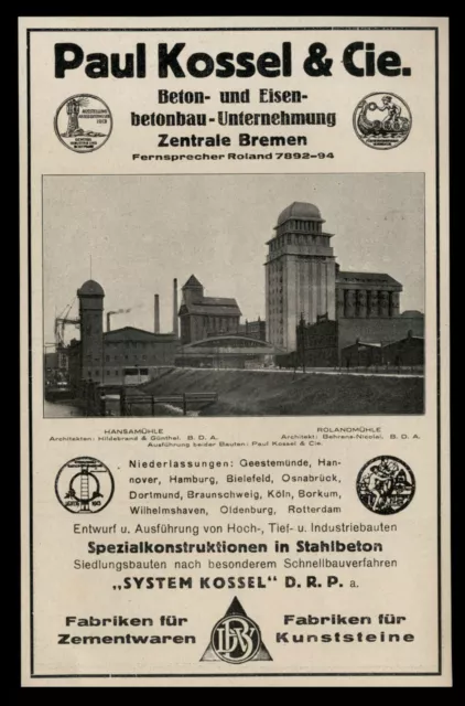 Grosse Werbung 1925 (1) Paul Kossel & Cie. Stahlbeton-Bau Hansamühle Rolandmühle