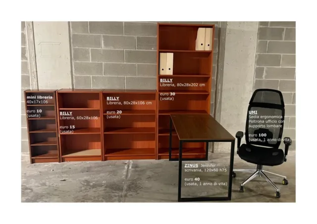 mobili da ufficio usati: 4 librerie ikea, 1 scrivania, 1 poltrona ufficio