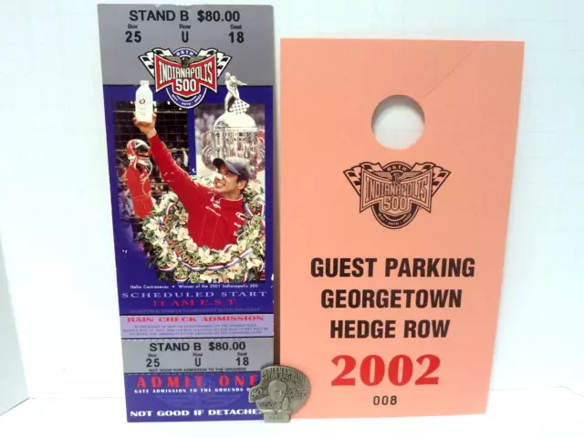 Rare SILVER 2002 Indy 500 Pit Badge  w/ Scarce HEDGE ROW Parking Pass EXCELLENT
