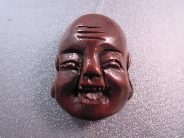 Carved Wood Happy Buddha Head Pendant Bead 1pc