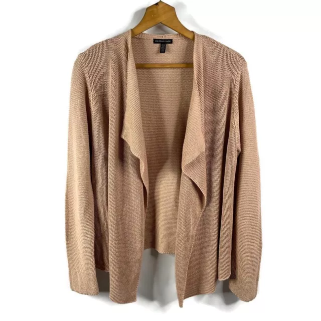 Eileen Fisher Womens Cream Tan Cardigan Sweater Medium Open Front Linen Blend