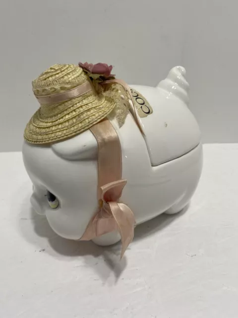 Vintage Artistic Gift Ceramic Pig Cookie Jar with Bonnet Pink Bow