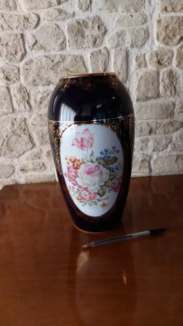 Grand Vase Porcelaine De Limoges Decor Floral - 31 Cm